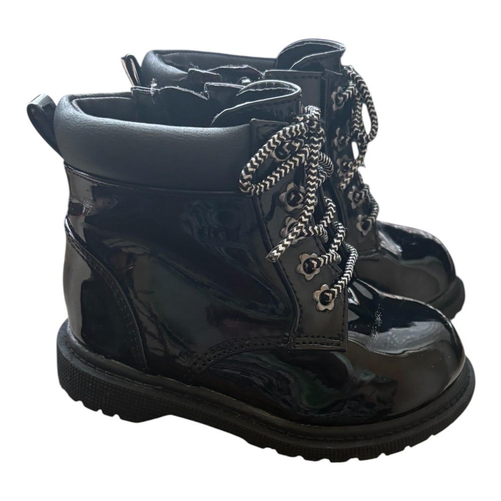 Wonder Nation Toddler Black Patent Combat Boots Side Zip Size 6